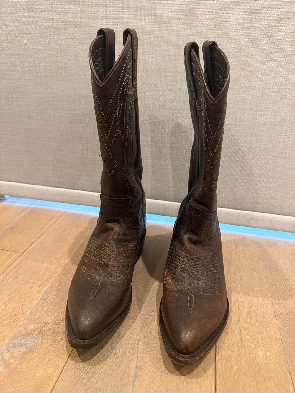 Frye Brown Leather Western Heeled Boots with Stitch Detail - Picture 3 of 10